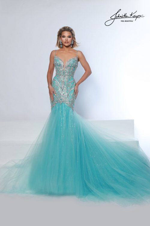 Aqua blue mermaid pageant gown with glitter sequin mesh skirt and intricate beading - perfect for pageants and red carpet events.